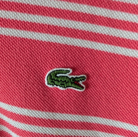 Lacoste Coral and White Striped Polo Shirt 6 - Picture 4 of 5